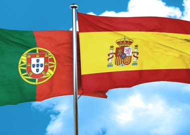 Portugal flag with Spain flag, 3D rendering